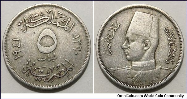 5 Milliemes (Kingdom of Egypt / King Farouk I // Copper-Nickel)