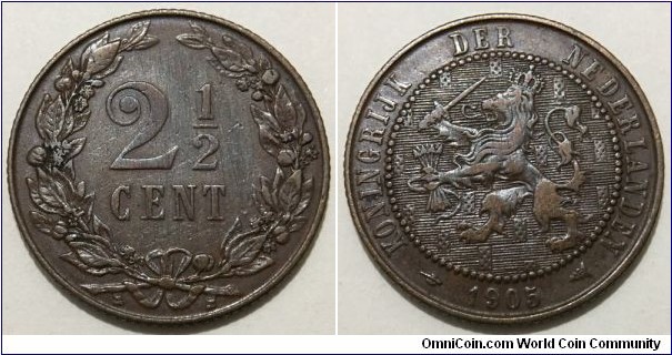 2½ Cents (Kingdom of the Netherlands / Queen Wilhelmina // Bronze 4g) 
