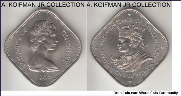 KM-19, 1966 Guernsey 10 shillings; coppr-nickel, square flan, plain edge; 1-year type commemorating 900'th year of Norman Conquest, good uncirculated.