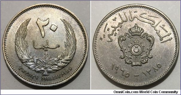 20 Milliemes (Kingdom of Libya / King Idris I // Copper-Nickel) 