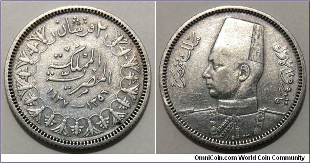 2 Piastres / Qirsh (Kingdom of Egypt / King Farouk I // SILVER 0.833 / 2.8g / ⌀19mm / Mintage: 500.000 pcs)