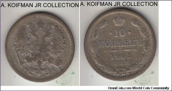 Y# 20a.2, 1901 Russia (Empire) 10 kopeks, St. Petersburg mint (СПБ mint mark); silver, reeded edge; Nicolas II, very good to fine.