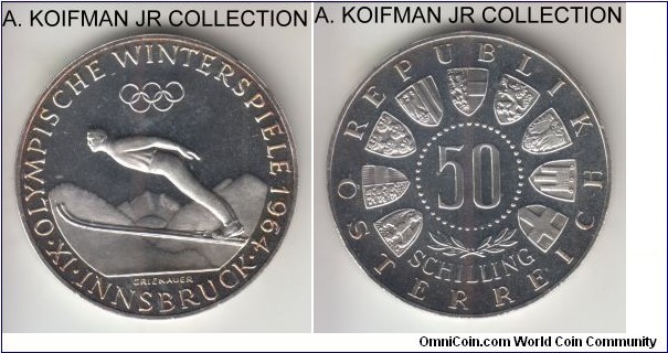 KM-2896, 1964 Austria 50 schilling; proof, silver, lettered edge; Innsbruck Olympic games commemorative issue, mintage 67,950, nice and highly reflective.