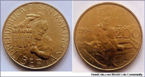 San Marino 200 lire.
1994, F.A.O. Mintage: 40.000 pcs.