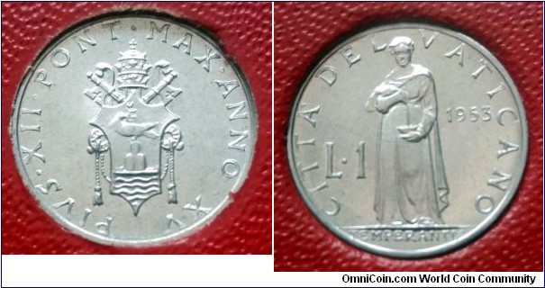 Vatican 1 lira. 1953, Pontif. Pius XII. One from four coin set.