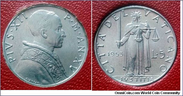 Vatican 5 lire.
1953, Pontif. Pius XII. One from four coin set.