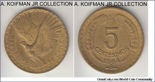 KM-193, 1964 Chile 2 centesimos; aluminum-bronze, plain edge; smaller mintage year, extra fine or about.