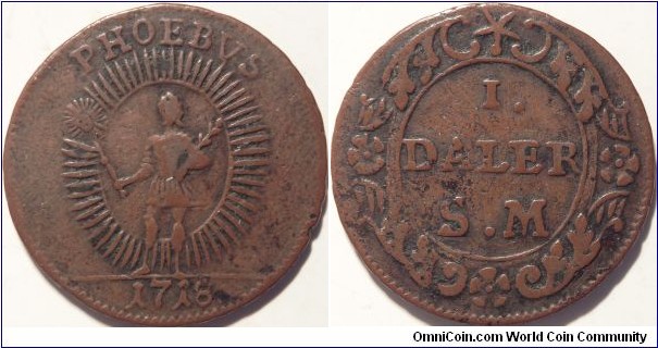 AE Daler SM 1718, Apollo/Phobos type. Copper emergency coinage issued during the Northern Wars.