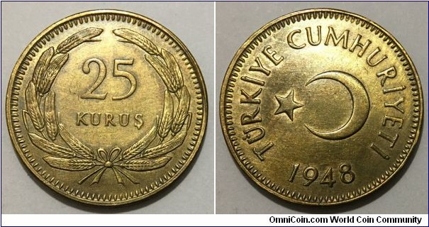25 Kurus (Republic of Turkiye 1948 // Brass 4.5g) 