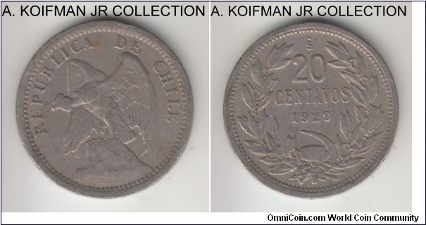 KM-167.1, 1929 Chile 20 centavos; copper-nickel, plain edge; average circulated.