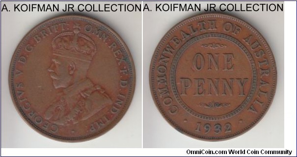KM-23, 1932 Australia penny, Melbourne mint (no mint mark); bronze, plain edge; George V, somewhat smaller mintage year, good very fine.
