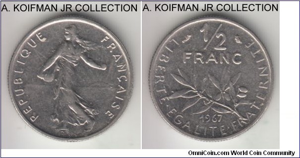 KM-931.1, 1967 France 1/2 franc, Paris mint; nickel, reeded edge; circulation strike, extra fine or better, small edge bump.
