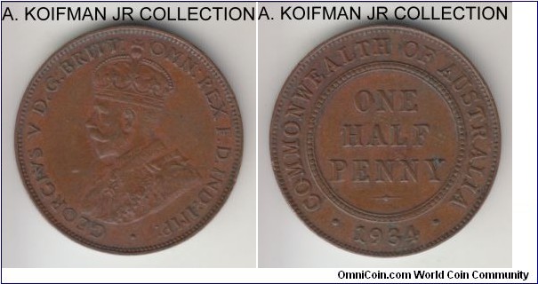 KM-22, 1934 Australia half penny, Melbourne mint; bronze, plain edge; late George V, extra fine or almost, a bit dirty.