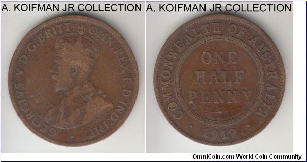 KM-22, 1919 Australia half penny, Sydney mint (no mint mark); bronze, plain edge; George V, good to very good.