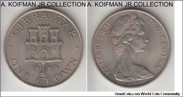 KM-4, 1969 Gibraltar crown; copper-nickel, reeded edge; Elizabeth II, average lihtly toned uncirculated in hard plastic holder, mintage 40,000.