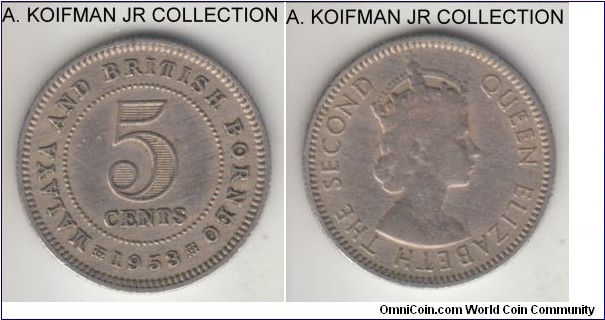 KM-1, 1953 Malaya and British Borneo 5 cents, Royal Mint (no mint mark); copper-nickel, reeded edge; early Elizabeth II coinage, average circulated.