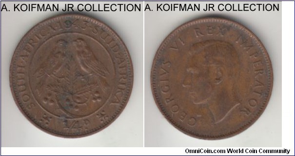 KM-23, 1943 South Africa (Dominion) farthing; bronze, plain edge; George VI, low 9 high 4 date variety, good very fine or so.