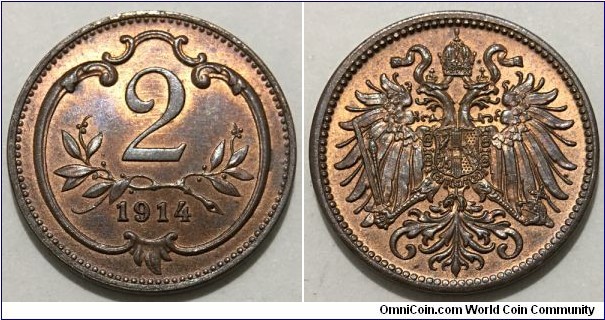 2 Heller (Austro-Hungarian Empire / Archduchy of Austria / Emperor Franz Joseph I // Bronze 3.35g) 