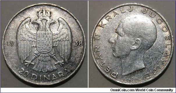20 Dinara (Kingdom of Yugoslavia / King Peter II // SILVER 0.750 / 9g / ⌀27mm) 