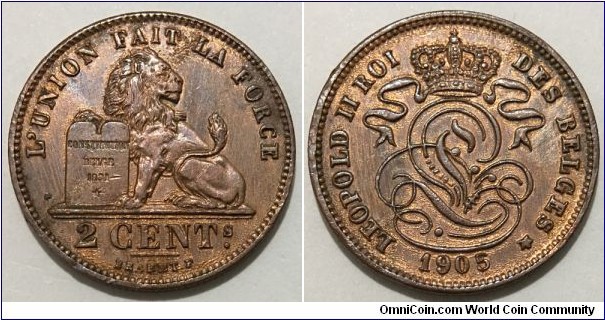 2 Centimes (Kingdom of Belgium / King Leopold II // Copper 4g) 