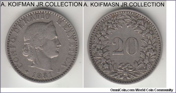 KM-29, 1881 Switzerland 20 rappen, Bern mint (B mint mark); copper-nickel, plain edge; standard coinage, good fine.