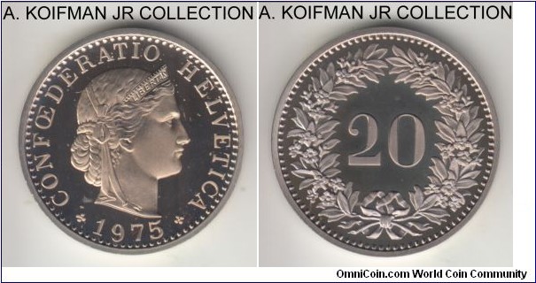 KM-29a, 1975 Switzerland 20 rappen, Berne mint (B mint mark); proof, copper-nickel, reeded edge; 10,000 minted for annual proof sets, choice brilliant proof in mint set of issue.