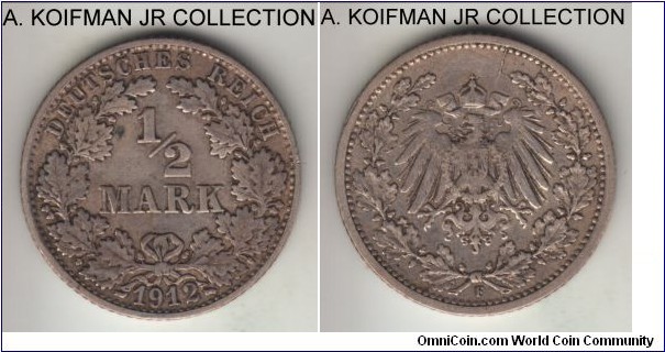 KM-17, 1912 Germany (Empire) 1/2 mark, Stuttgart mint (F mint mark); silver, reeded edge; Wilhelm II, one of the smaller mintage year/mint, very fine or almost.