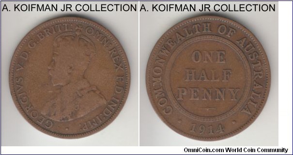 KM-22, 1914 Australia half penny, Royal Mint (London, no mint mark); bronze, plain edge; early George V coinage, average circulated very good or so.