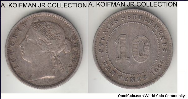 KM-11, 1888 Straits Settlements 10 cents; silver, reeded edge; Victoria, good fine, evenly toned coin.