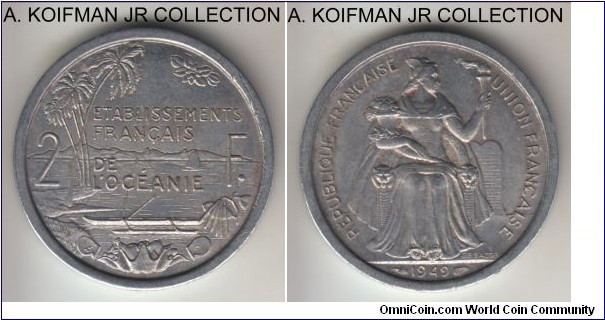 KM-3, 1949 French Oceania 2 francs; aluminum, plain edge; French Pacific overseas territory, 1-year type, extra fine or about.