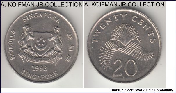 KM-101, 1993 Singapore 20 cents; copper-nickel, reeded edge; average uncirculated.