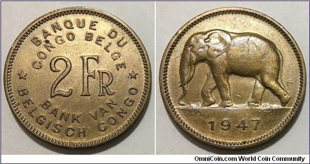 2 Francs (Belgian Congo / King Leopold III // Brass 5g)
