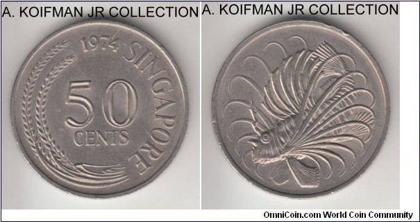 KM-5, 1974 Singapore 50 cents; copper-nickel, reeded edge; circulation coinage, average uncirculated.