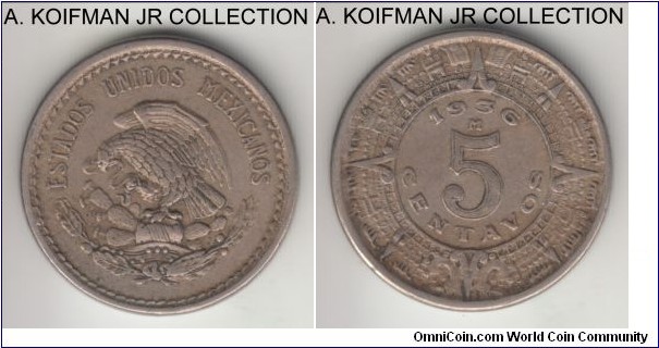 KM-423, 1936 Mexico 5 centavos; copper-nickel, plain edge; average circulated very fine or so.