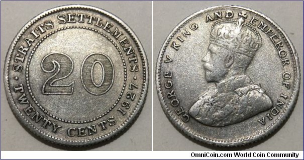 20 Cents (Straits Settlements / Crown Colony of British Empire / King George V // SILVER 0.600 / 5.43g / ⌀23.8mm)