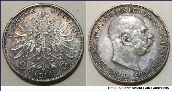 2 Corona (Austro-Hungarian Empire / Archduchy of Austria / Emperor Franz Joseph I // SILVER 0.835 / 10g / ⌀27.1mm)