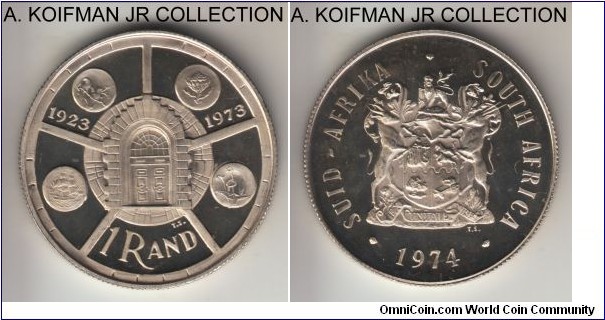 KM-89, 1974 South Africa (Republic) rand; silver, reeded edge; 1-year commemorative type celebrating 50'th anniversary of the Pretoria mint, mintage 15,000 in annual proof sets, cameo uncirculated.