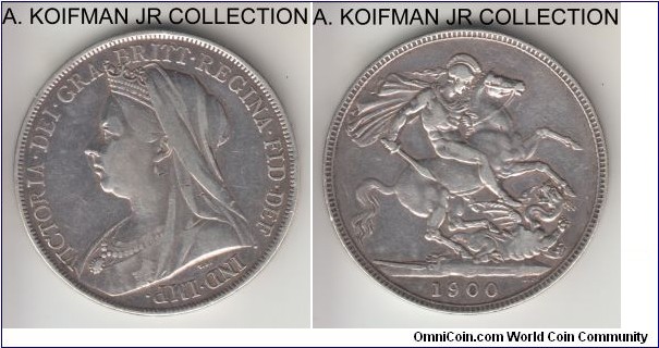 KM-783, 1900 Great Britain crown; silver, lettered edge; Victoria, ANNO REGNI LVIX, good fine details, cleaned and obverse lightly polished.