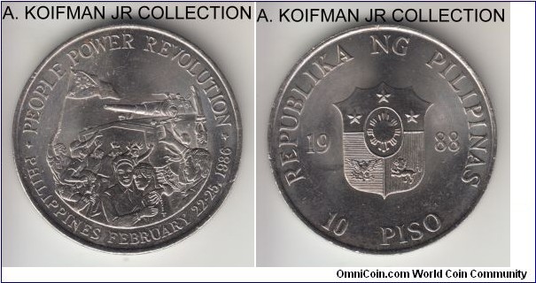 KM-250, 1988 Philippines 10 piso; nickel, reeded edge; anniversary of the People Power Revolution circulation commemorative, average uncirculated, few bag marks.