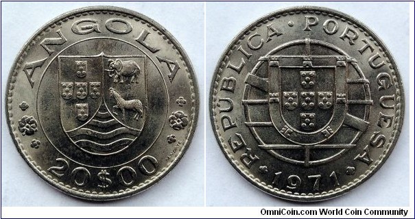 Angola 20 escudos.
1971, Portugal administration. Nickel.