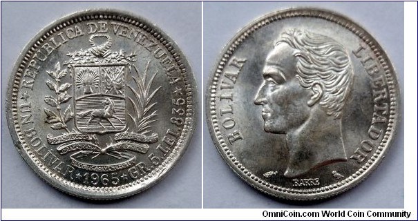 Venezuela 1 bolivar.
1965, Ag 850. Paris Mint. Reverse design Désiré-Albert Barre. Mintage: 20.000.000 pcs.