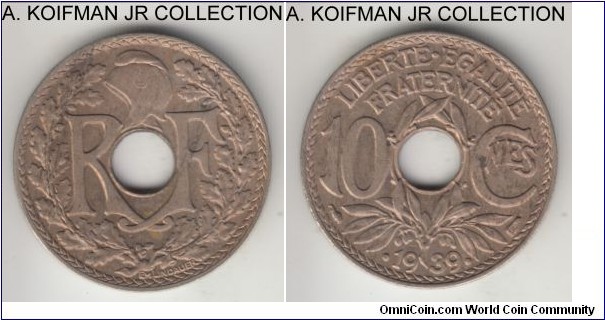 KM-889.1, 1939 France 10 centimes; copper-nickel (nickel-silver by Numista), holed flan, plain edge; pre-war issue, 2-year type and rather common, uncirculated, toned in places.