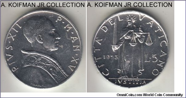 KM-51, 1953 2 lire; aluminum, reeded edge; XV year of Pius XII, rather common coin, average uncirculated.