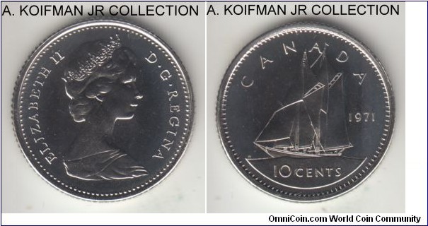 KM-77.1, 1971 Canada 10 cents; nickel, reeded edge; Elizabeth II, bright proof like, uncirculated.