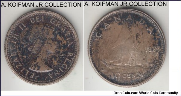 KM-51, 1964 Canada 10 cents; silver, reeded edge; Elizabeth IIm common year, unusual toning and scanner reflection create unappealing look, uncirculated.