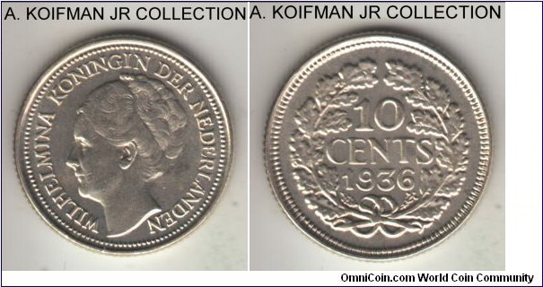 KM-163, 1936 Netherlands 10 cents; silver, reeded edge; Wilhelmina I, extra fine to good extra fine, likely lightly cleaned long time ago.