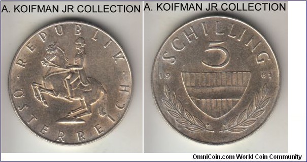KM-2889, 1961 Austria 5 shilling; silver, reeded edge; circulation issue variety, Lippizaner stallion, lightly toned average uncirculated or almost.