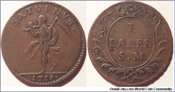 AE Daler SM 1718, Saturn type. Copper emergency coinage issued during the Northern Wars.