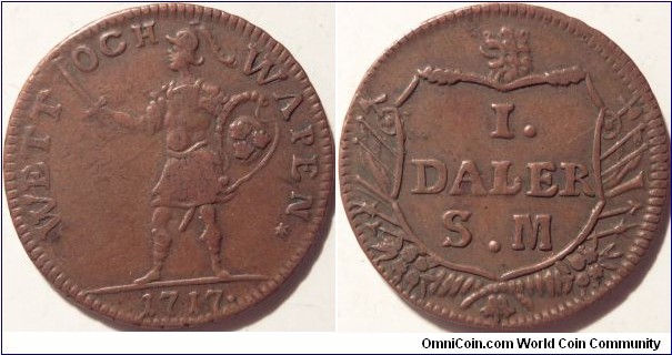 AE Daler SM 1718, Wits and Weapons type. Copper emergency coinage issued during the Northern Wars.