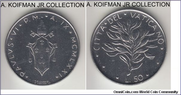 KM-121, 1971 Vatican 50 lire; stainless steel, reeded edge; Paul VI, year IX, bright uncirculated.